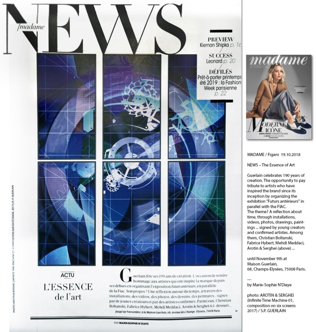 Madame Figaro magazine Le Figaro 19.10.2018: AROTIN & SERGHEI, Infinite Time Machine at the exhibition by Guerlain for FIAC Paris.